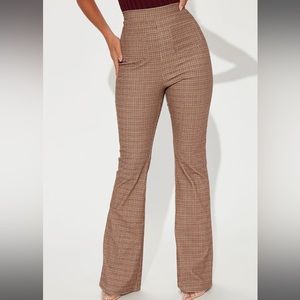 Fashion Nova Tan Plaid Boot Cut Pants